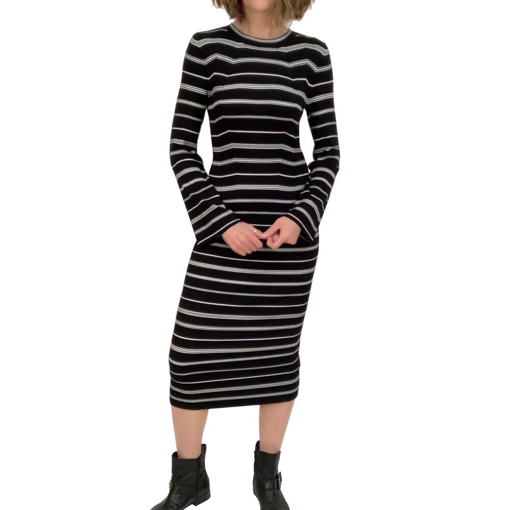 J.Crew Ribbed Knit Dress in Mixed Stripe Sz XS New $128 Black Ivory Midi